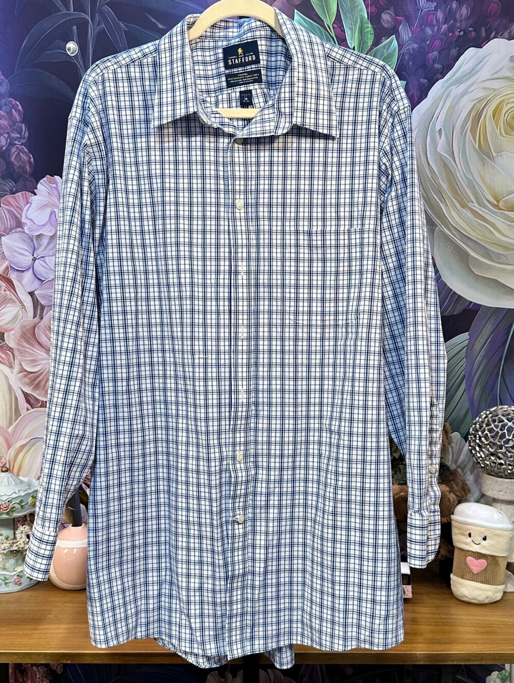 Stafford 18 White Blue Check Travel Dress Shirt Long Sleeve Minimalist